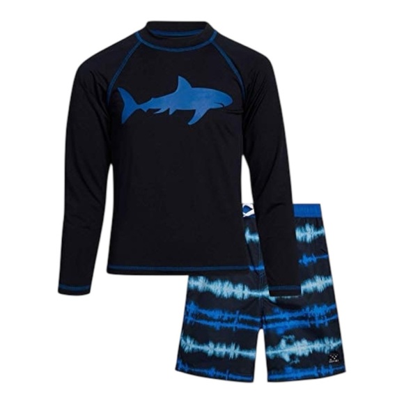 Big Chill Shark Print Rash Guard Set UPF 50+ Long Sleeve Shirt & Trunks. Size 7. - Picture 1 of 11